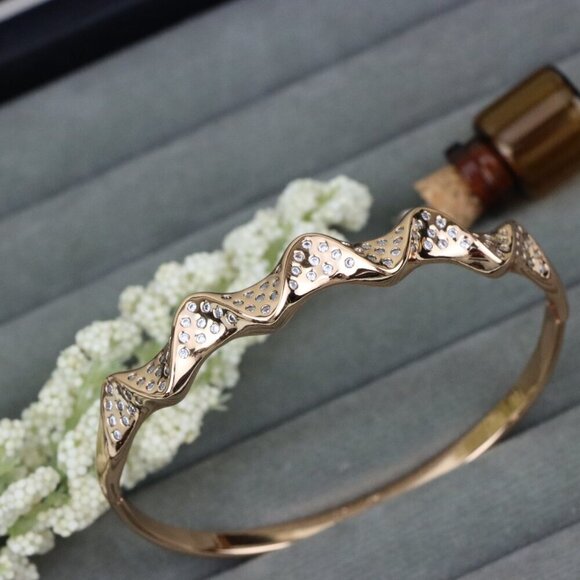 Wave Design Rose Gold Bangle with Crystal Studded Texture Shine, XPBL0475 - Picture 1 of 12